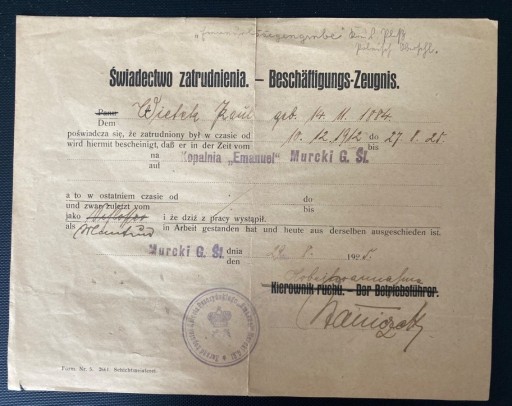 Zdjęcie oferty: Murcki kopalnia Emanuel 1925 świadectwo  