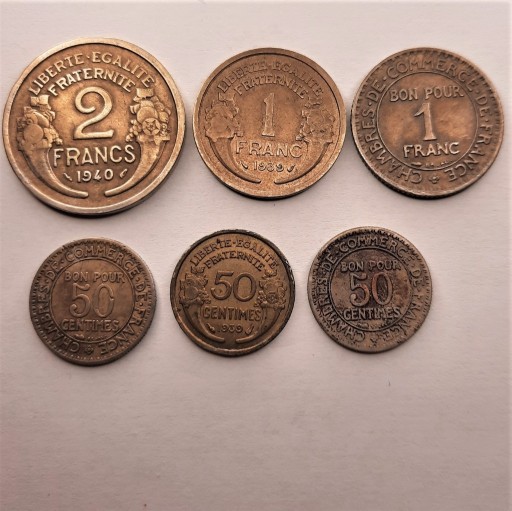 Zdjęcie oferty: 2 franki1940, 1 frank- 2szt, 50 centimes  Francja 