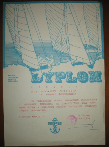 Zdjęcie oferty: Dyplom uznania Yacht-Klub Ostrowiec Kielce 1989