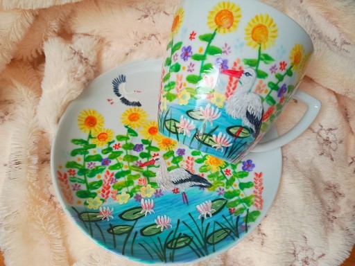 Zdjęcie oferty: Komplet z bocianami filiżanka 350 ml z talerzykiem