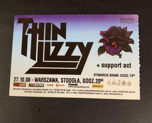 Zdjęcie oferty: Bilet z koncertu THIN LIZZY 27.10.2008 STODOŁA