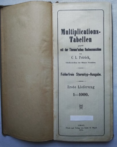 Zdjęcie oferty: MULTIPLICATIONS-TABELLEN C. L. Petrick 1875 Wyd. I