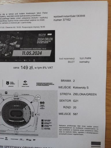 Zdjęcie oferty: Trzy bilety Speedway Grand Prix 2024 Warszawa