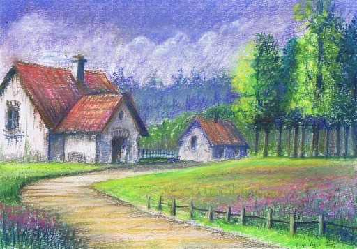 Zdjęcie oferty: pejzaż wiejski pastel suchy rysunek A4