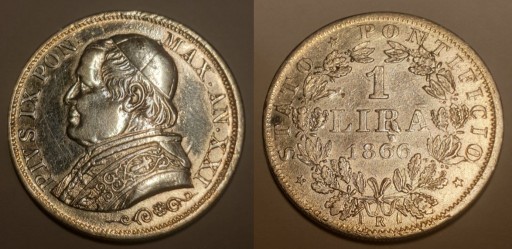 Zdjęcie oferty: Państwo Kościelne 1 Lir 1866 Pius IX Watykan