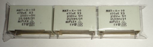 Zdjęcie oferty: Kondensator MIFLEX MKT E7 0,47uF 470nF 250V AC. Raster 28mm. 