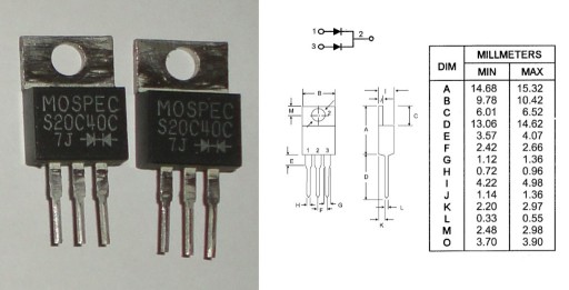 Zdjęcie oferty: Dioda podwójna SCHOTTKY S20C40C Mospec Semiconductor 20A 40V TO-220