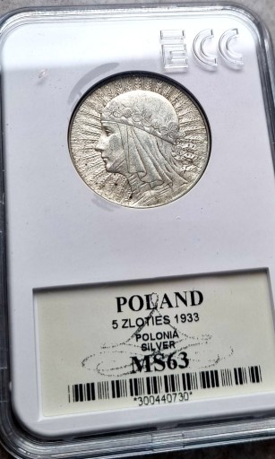 Zdjęcie oferty: 5 zł Głowa Kobiety 1933 r,srebro 750,grading MS63