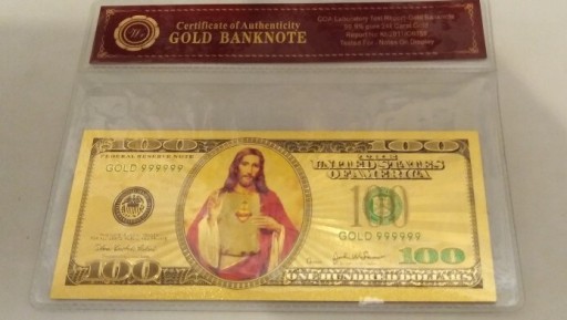 Zdjęcie oferty: Banknot pozłacany 24k + kolor  JEZUS - 100 $ USA  