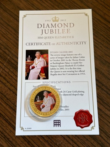 Zdjęcie oferty: Królowa Elżbieta moneta UK jubileusz Certyfikat
