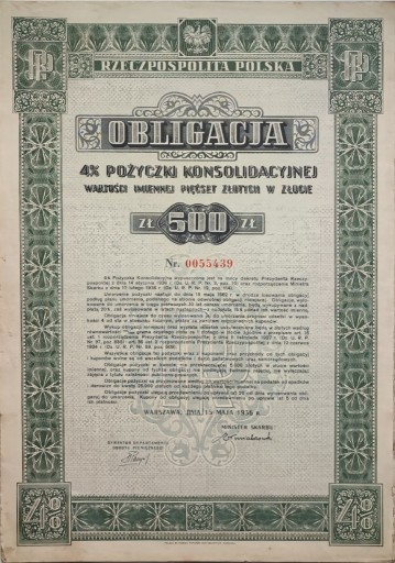 Zdjęcie oferty: Obligacja na 500 zł w złocie 1936r.