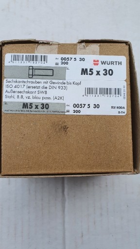 Zdjęcie oferty: Würth śruba DIN 933 5x30mm A2K 200 SZTUK