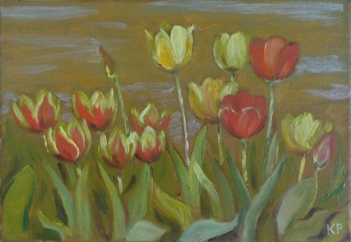 Zdjęcie oferty: TULIPANY W OGRODZIE olej płótno 30 x 21 cm