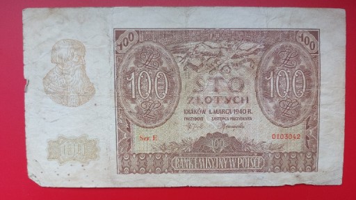 Zdjęcie oferty: Banknot 100 zł 1940 r. Seria E