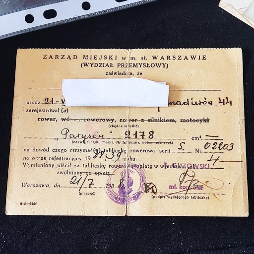 Zdjęcie oferty: Dowód Rower Parysów k. Garwolin 1939 Warszawa