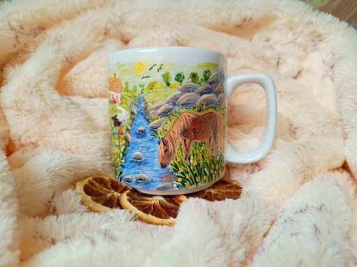 Zdjęcie oferty: Pejzaż z koniem bocianem źródłem słonecznym ręcznie malowane