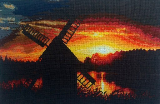 Zdjęcie oferty: Gobelin haftowany ręcznie.zachód słońca,wiatrak.