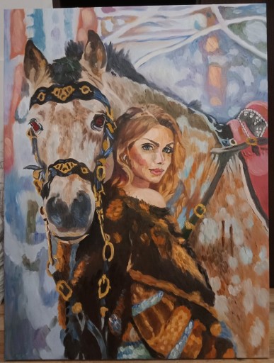 Zdjęcie oferty: Kobieta koń zima obraz olejny
