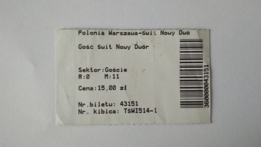 Zdjęcie oferty: Bilet Polonia Warszawa - Świt Nowy Dwór Mazowiecki