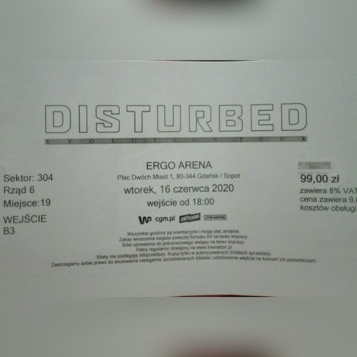 Zdjęcie oferty: Bilet na koncert zespołu "DISTURBED"