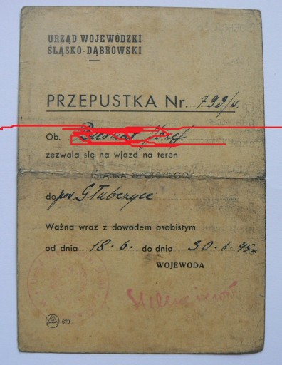 Zdjęcie oferty: Przepustka polsko rosyjska 1945 Głubczyce