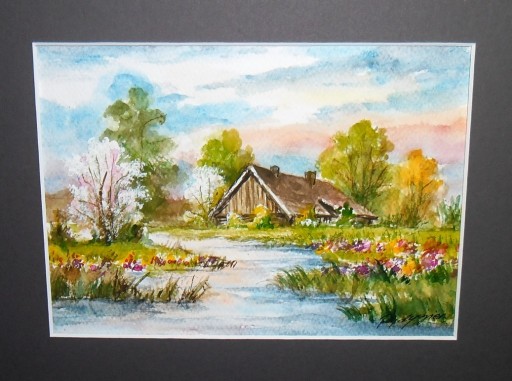 Zdjęcie oferty: Pejzaż wiosenny z chatka i jeziorem