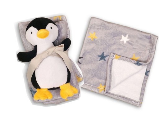 Zdjęcie oferty: Kocyk niemowlęcy gwiazdki z maskotką pingwin 70x70