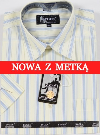 Zdjęcie oferty: Koszula męska biała kremowa w paski na krótki rękaw kołnierzyk 40/41