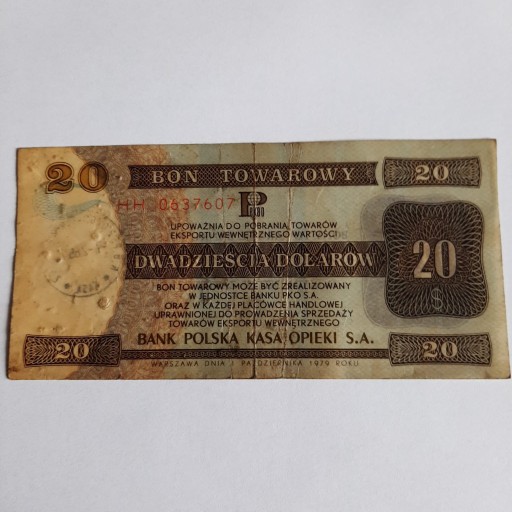 Zdjęcie oferty: Bon Towarowy Pekao 20 Dolarow 1979r Stemplowany