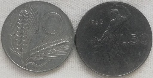 Zdjęcie oferty: Włochy 10 i 50 lire 1955, KM#93 i 95.1