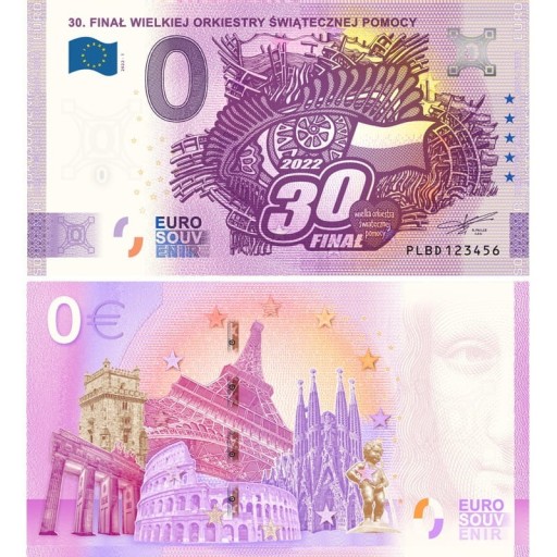 Zdjęcie oferty: Banknot 0 Euro Polska 2022 - 30 finał WOŚP nr XXX