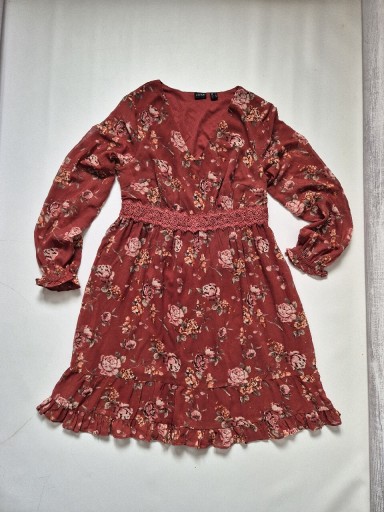 Zdjęcie oferty: Bordowa sukienka w kwiaty lekka zwiewna XL 42