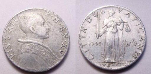 Zdjęcie oferty: Watykan 5 lire 1953 r.