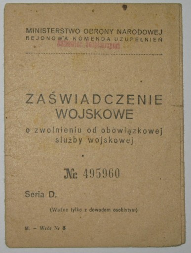 Zdjęcie oferty: Zaświadczenie wojskowe Ostrowiec 1951