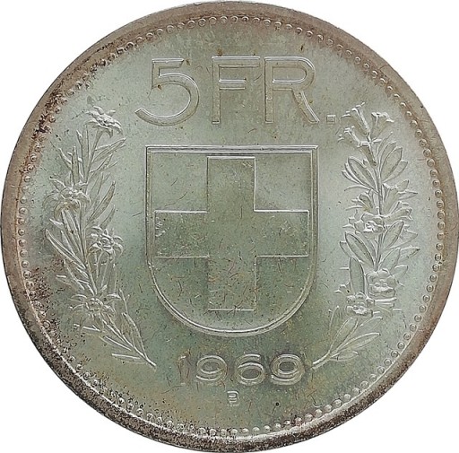 Zdjęcie oferty: Szwajcaria 5 francs 1969, Ag KM#40