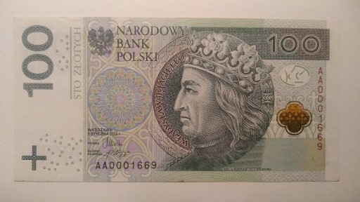 Zdjęcie oferty: Banknot 100 zł seria AA, niski numer