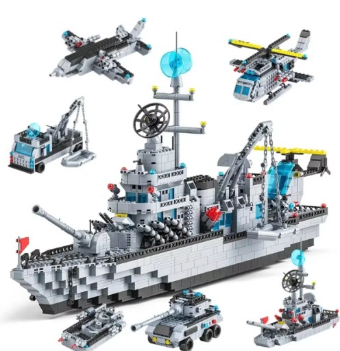 Zdjęcie oferty: Zestaw Klocków 6w1 – Okręt Wojenny + Pojazdy Militarne | 1560 elementów