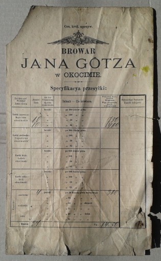 Zdjęcie oferty: Browar Jana Gotza w Okocimie Frachtbrief 1906