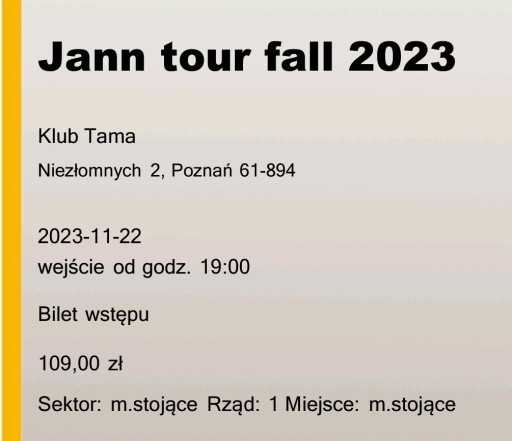 Zdjęcie oferty: 2 Bilety na koncert Jann Tour Fall 2023