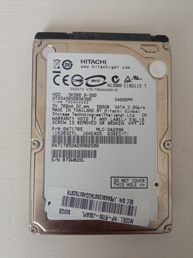 Zdjęcie oferty: Dysk HDD 2,5" Hitachi HTS545050B9A300 500GB