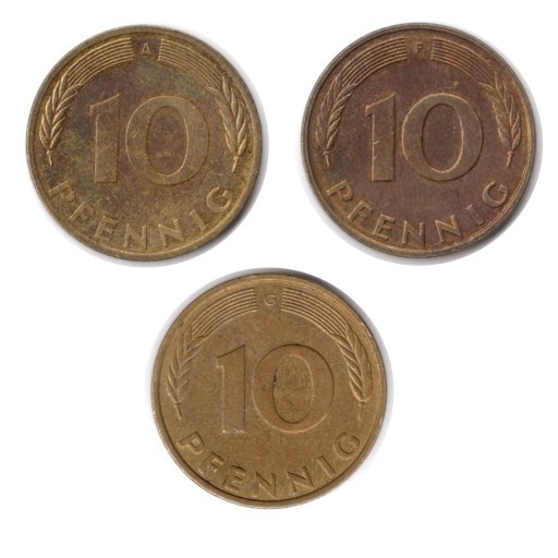 Zdjęcie oferty: Niemcy, 3x 10 fenigów 1995 A F G   KM#108