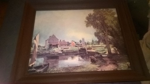 Zdjęcie oferty: Obraz wioska rzeka mostek drzewo młyn 60 x 50cm.
