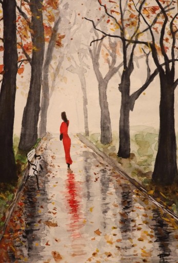 Zdjęcie oferty: „Kobieta w czerwonej sukience” Oryginalny obraz akwarelowy A4