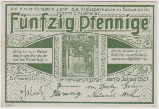 Zdjęcie oferty: Schweidnitz (Świdnica), 50 Pf, 15.01.1921