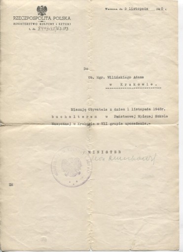 Zdjęcie oferty: Leon Kruczkowski - dokument 05.11.1945r