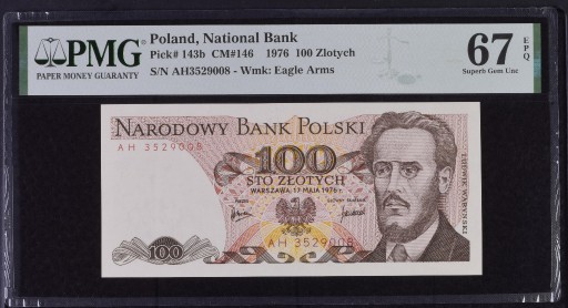 Zdjęcie oferty: Banknot 100 zł 1976 seria AH PMG 67 EPQ