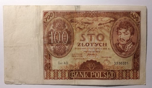 Zdjęcie oferty: Banknot II RP 100 zł 1932 rok SERIA: AO. 