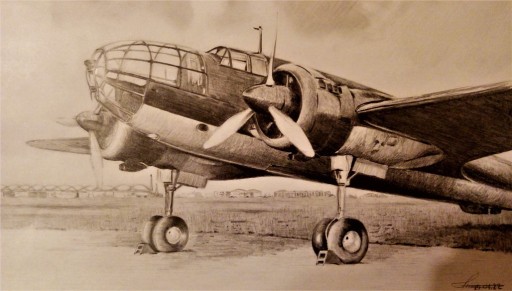 Zdjęcie oferty: Samolot PZL-37 Łoś na Okęciu. Ołówek. 30x42 cm