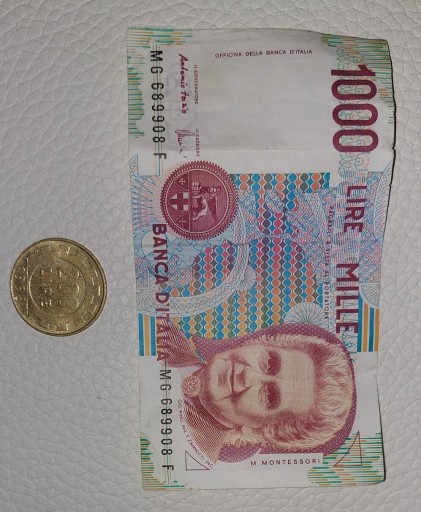 Zdjęcie oferty: Banknot 1000 + 200 litrów moneta Włochy