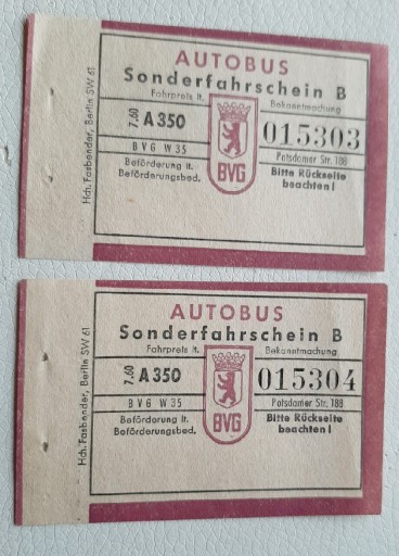 Zdjęcie oferty: 2 kolejne bilety specjalne BVG A350 Niemcy 1961 